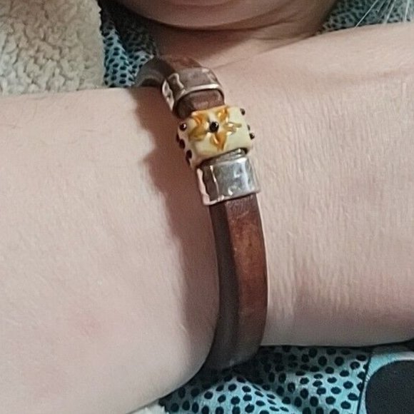 Sterling Silver Lampwork Glass Brown Eyed Susan 925 Leather Hippie Bracelet Gift - Picture 8 of 8